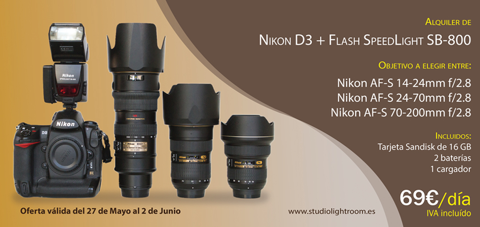 Nikon D3 + flash + objetivo
